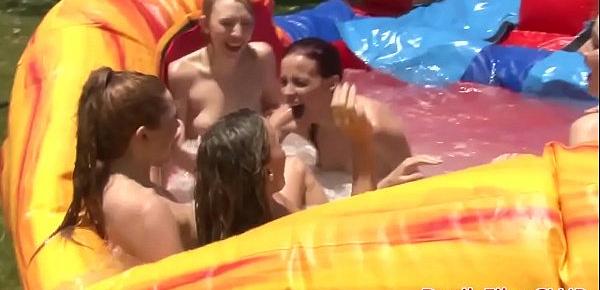  Lesbians strapon fucking outdoors in group
